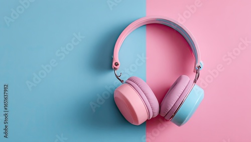Pastel pink and blue over-ear headphones rest on a split blue and pink background.  The headphones are positioned slightly off-center