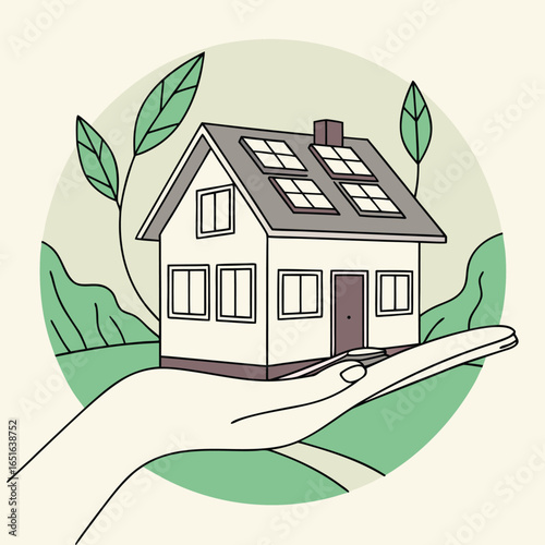 Isolated house rests on an open hand against a leafy green background