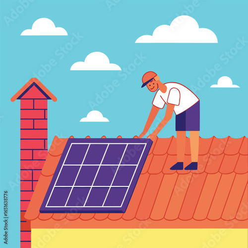 Smiling man installing solar panel atop house roof under a cloudy blue sky