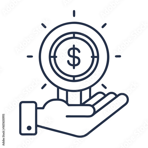 Hand holding a coin with a dollar sign and target symbol representing financial success and investment