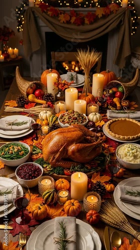 Festive Thanksgiving Dinner Table with Roasted Turkey and Autumn Decorations. Cozy holiday feast with traditional food, candles, and pumpkins by a warm fireplace.