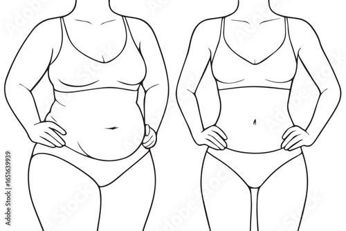 before and after torso transformation drawing showing cosmetic surgery results, weight loss, slim body, liposuction, aesthetic, liposuction healthcare lineart