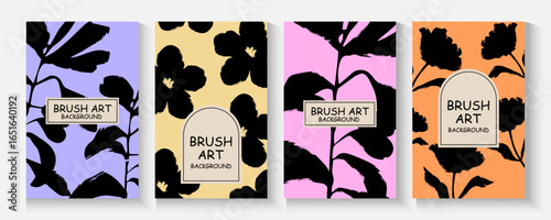 Modern art abstract Creative concept of cover or card set with leaves, plants, flowers and brush lines. minimalist style design template.