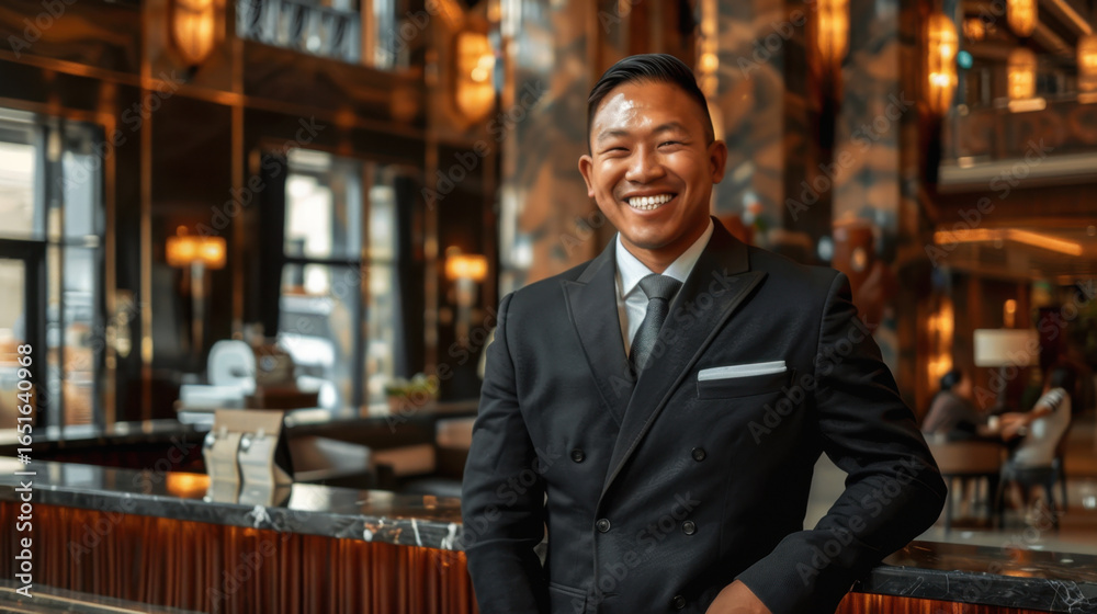 Fototapeta premium Smiling hotel concierge in stylish suit stands confidently in luxurious hotel lobby, showcasing elegance and professionalism. warm ambiance and modern decor enhance welcoming atmosphere