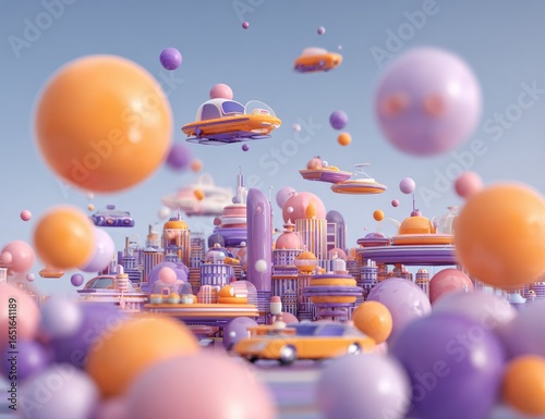 A pastel-hued futuristic city with flying cars and large, glossy spheres populating the landscape and sky.  The scene is rendered in a smooth, 3D style evoking a whimsical, retro-futuristic aesthetic