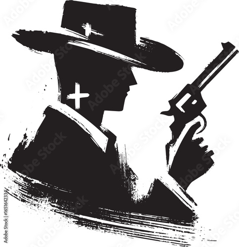 Stylized Western Gunman Silhouette with Revolver in Sumi-e Brush