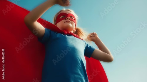 Child superhero girl with red cape flexing muscles against blue sky 4K Seamless Loop