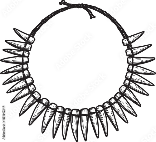 Monochrome Woodcut Style Drawing of a Primitive Tooth Necklace o