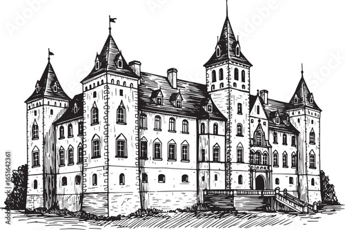 Magnificent Medieval Castle: Detailed Woodcut Illustration with