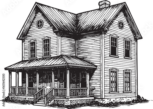 Detailed woodcut illustration of a traditional two-story farmhou