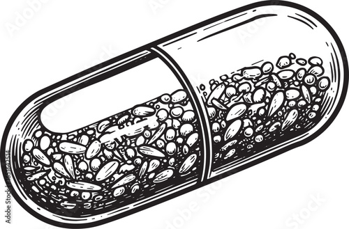 Hand-drawn capsule filled with granules in black and white detai