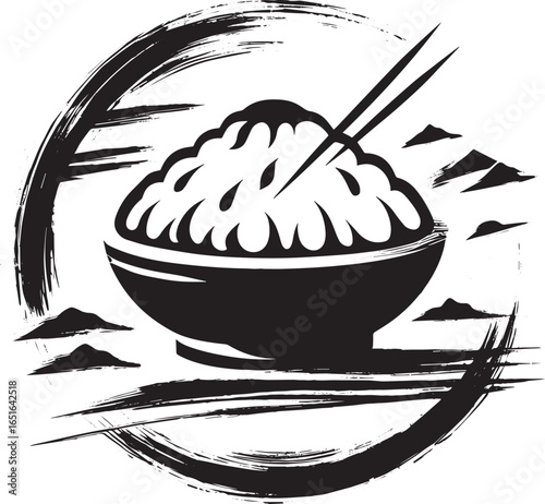Monochrome Sumi-e Illustration of Turkmen Plov with Brush Stroke