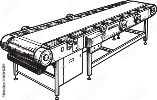 Intricate woodcut style illustration showcasing a conveyor belt