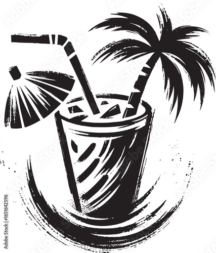 Minimalist summer tropical drink in sumi-e art style featuring a