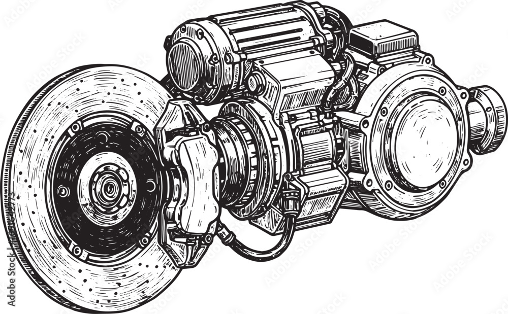 Detailed woodcut illustration of regenerative braking system, hi