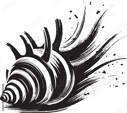 Minimalist sumi-e illustration of a stylized cracked conch shell