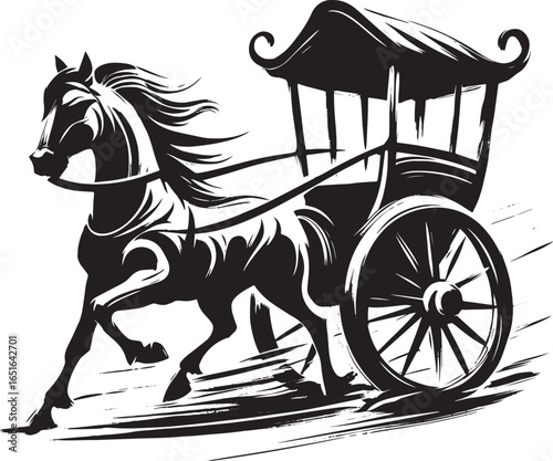 Dramatic horse-drawn carriage in sumi-e brush style, simple logo