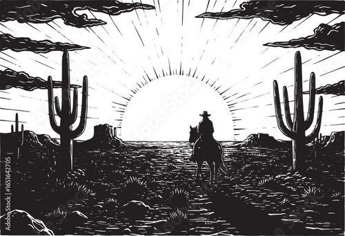 Woodcut Depiction of a Lone Cowboy Riding into the Sunset in the