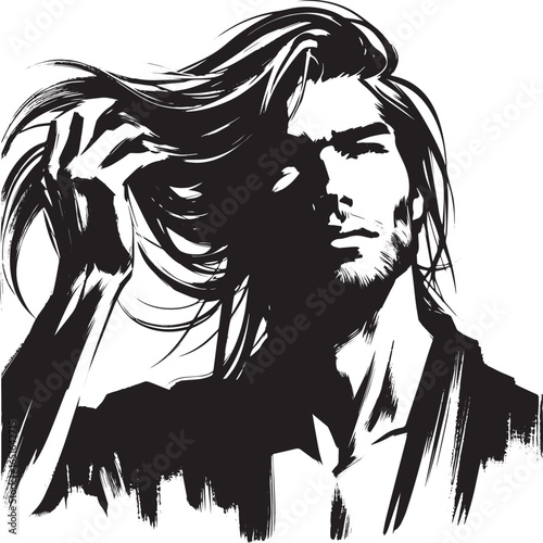 Monochrome illustration of introspective long-haired man in sumi