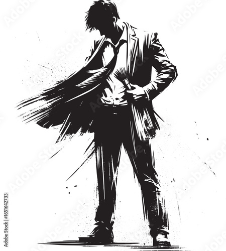 Monochrome illustration of a man dusting off his suit jacket out