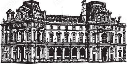 Elegant architectural facade in a highly detailed woodcut style