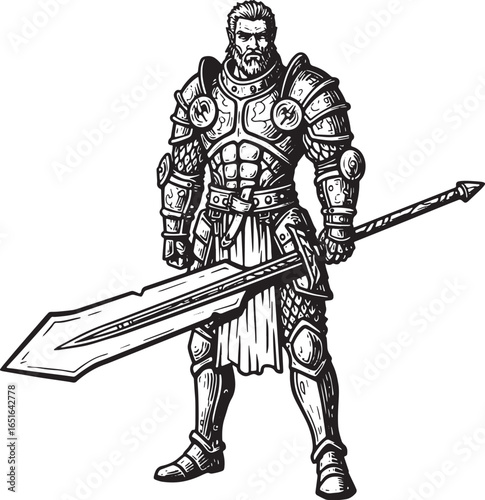 Detailed woodcut illustration of a formidable knight in full arm
