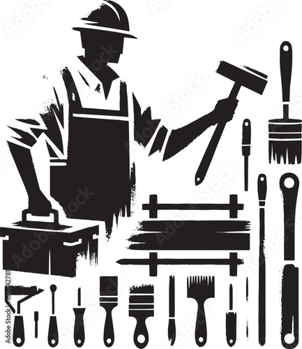 Construction artisan tools in brushwork monochrome, artisan symb