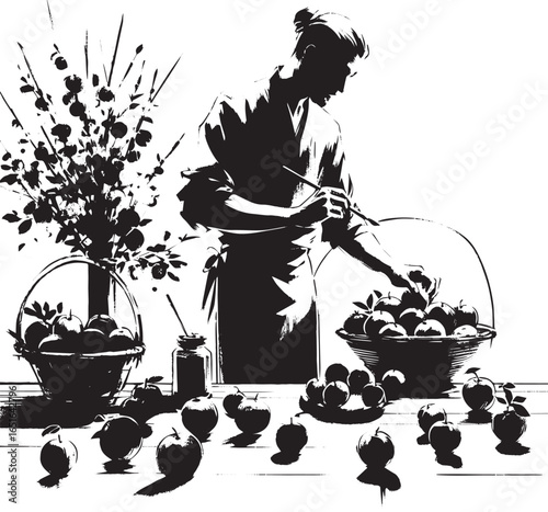 Sumi-e Inspired Image of a Man Decorating with Red and Green App