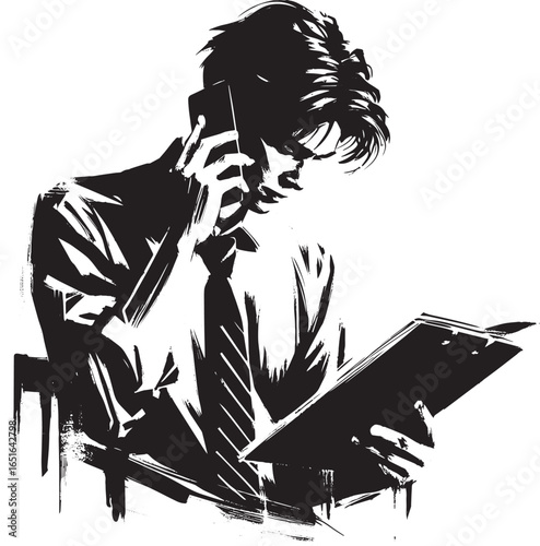 Monochrome Sumi-e Illustration of a Man Answering Phone While Ho
