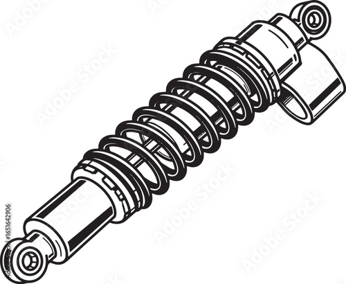 Monochrome shock absorber illustration in woodcut style on an is