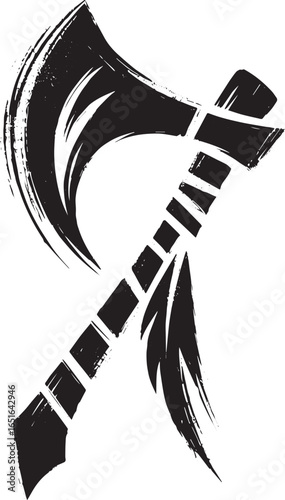 Abstract monochrome tribal tomahawk graphic, minimalist sumi-e d