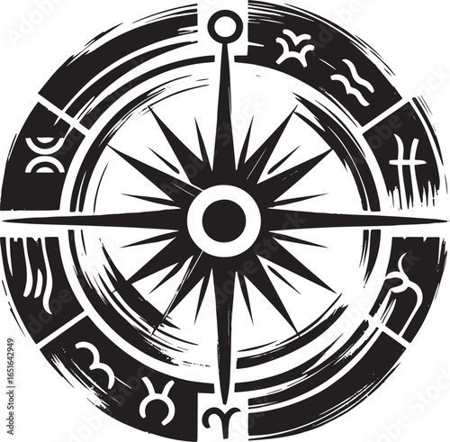 Celestial Navigation Ink Drawing: A Sumi-e Style Zodiac Wheel Co