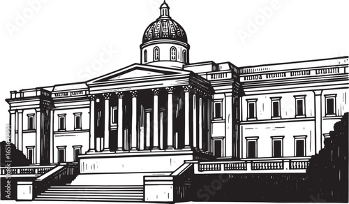 Detailed Woodcut Illustration of a Grand Neoclassical Building w