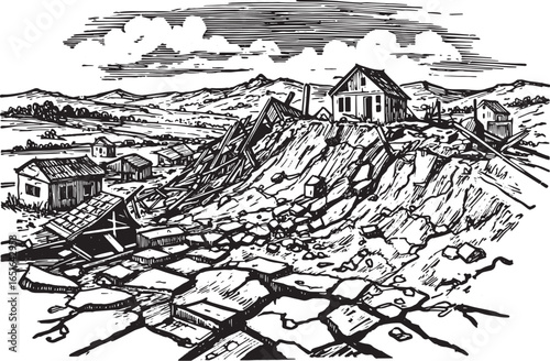 Aftermath of a seismic event, village houses destroyed, black an