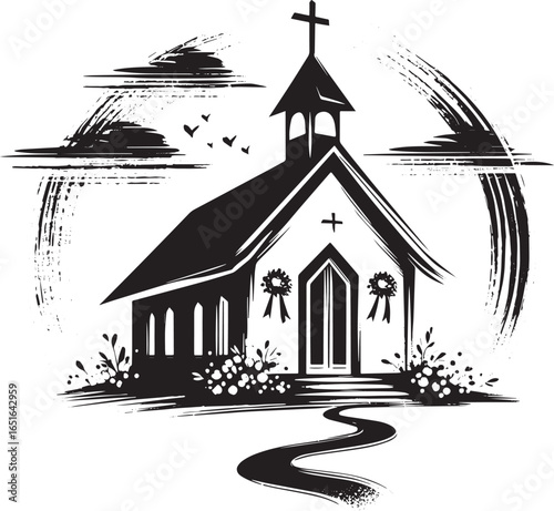 Elegant Wedding Chapel Icon in Minimalist Sumi-e Style Design, S