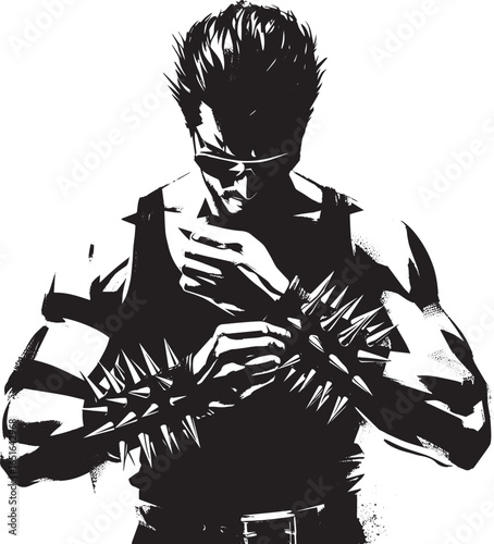 Ink wash painting depicting a man preparing, donned in edgy wris