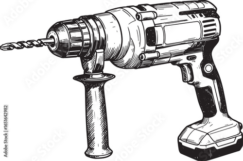 Detailed Woodcut Illustration of a Cordless Electric Drill with