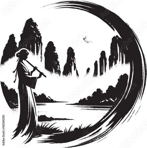 Ink wash illustration of a woman playing flute in a majestic nat