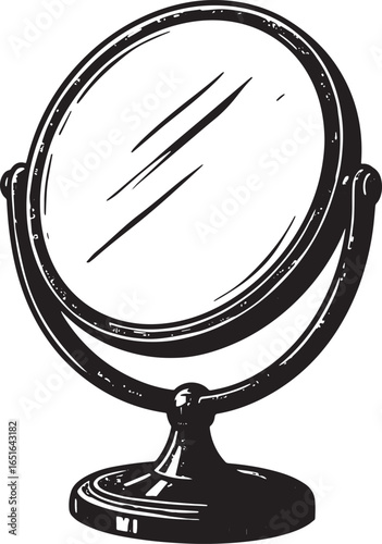 Elegant vanity mirror in woodcut style, black and white simplici