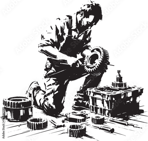 Artistic interpretation of a mechanic assembling a gearbox with