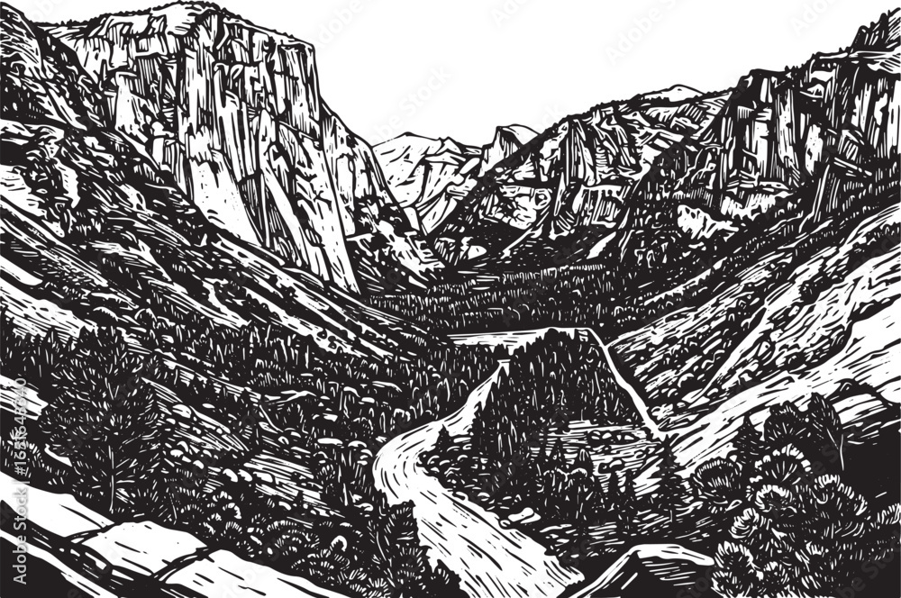 Fototapeta premium Monochromatic Valley View Carved Illustration of a Scenic Landsc