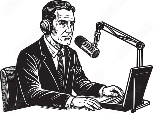 Monochrome Woodcut of a radio broadcaster with microphone and la