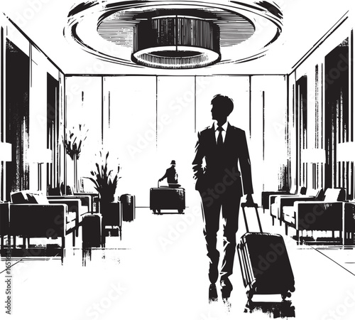 Ink wash painting depicting a traveler arriving at a modern hote