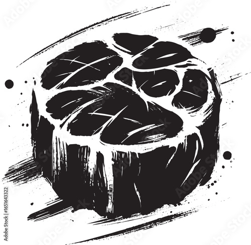 Minimalist sumi-e rendering of beef bourguignon, black and white