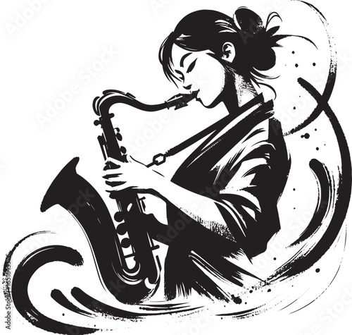 Serene woman expressing musical passion through saxophone perfor