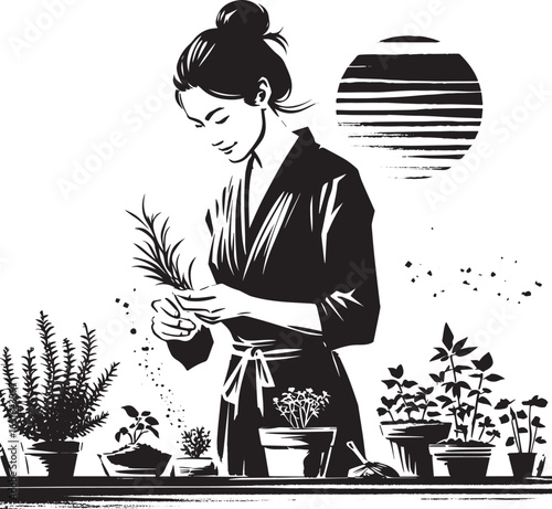 Zenith of serenity: a woman tending a rooftop herb garden in min