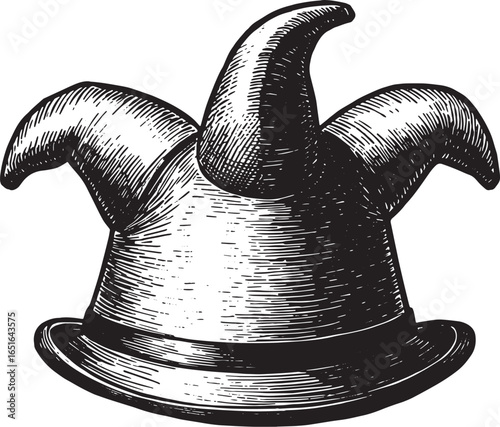 Whimsical jester hat in monochrome woodcut style illustration on