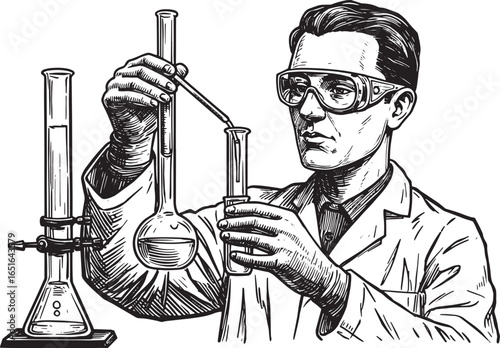 Detailed woodcut illustration of a lab worker conducting an expe