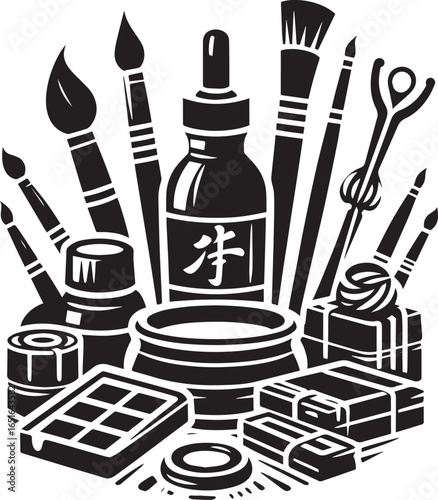 Artistic expression in sumi-e style displaying a crafts icon wit