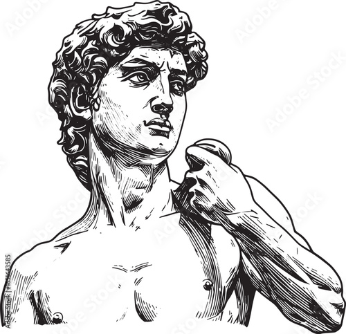 Statue of a Young Man in Woodcut Style, Black and White Isolated